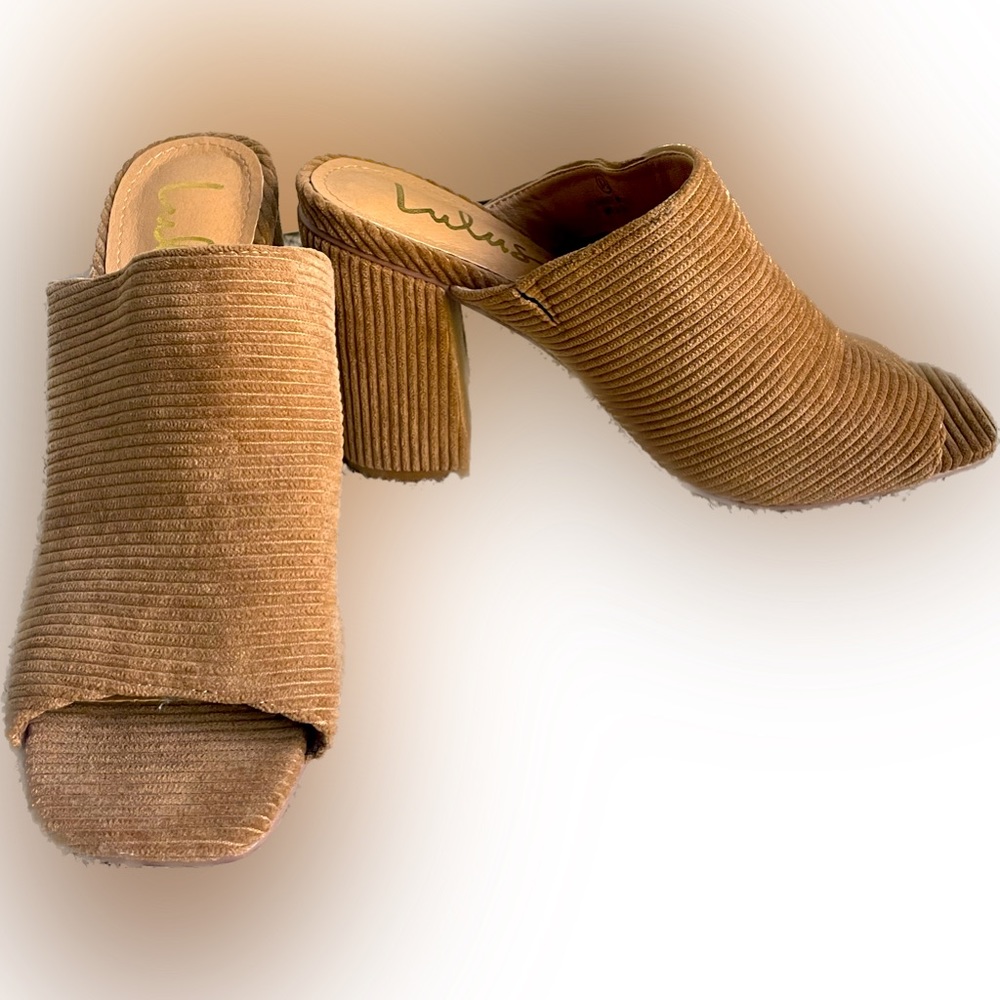Raelynn Corduroy Light Tan Peep-Toe Mules 8.5